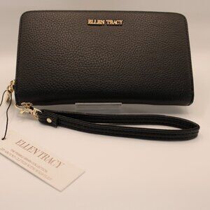 Ellen Tracy Zip-Around Clutch Wallet w/ Detachable Wristlet – Black Pebbled NIB